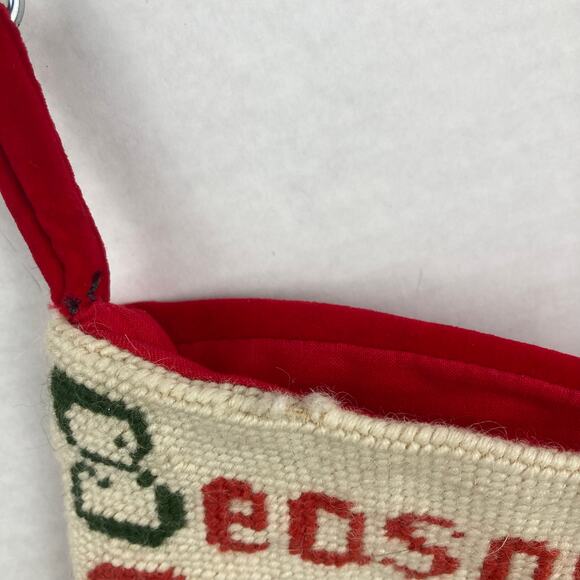 VTG Needlepoint Christmas Wool Stocking Red Velvet Backing Seasons Greetings Bow - Picture 3 of 9